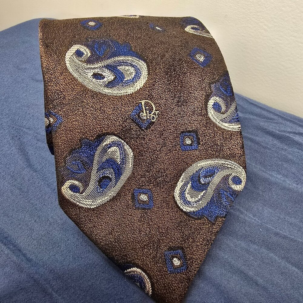 Vintage Christian Dior Monsieur Tie - Brown, Navy, and Silver Paisley Peacock - Picture 3 of 5